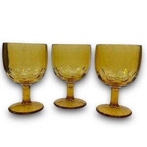 Set of 3 Bartlett Collins Water Goblet Stemware Amber Yellow Thumbprint Dot Scho